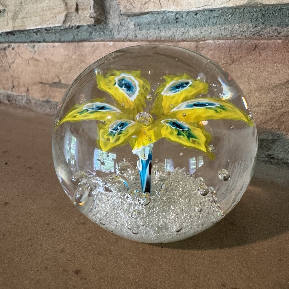 Ferro & Lazzarini Murano Glass Yellow Blue Bubbles Flower Paperweight 3 inches